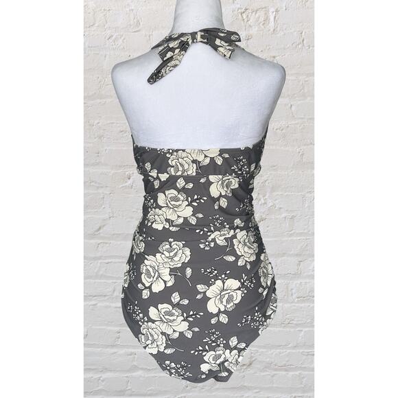 Adore Me Size 1X One piece Bathing Swim Suit Gray Floral Halter Lined Bra NWT - Picture 5 of 11